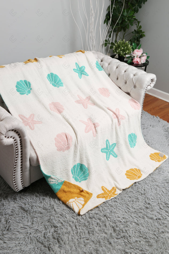 MULTI-COLORED SEASHELL &amp; STARFISH PATTERN THROW BLANKET SEA THROW BLANKETS