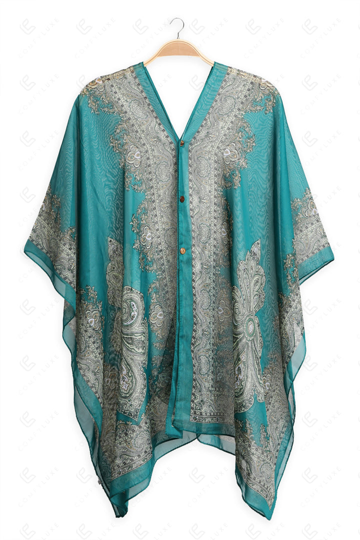 PAISLEY PATTERN COVER-UP PONCHO TEAL APPAREL
