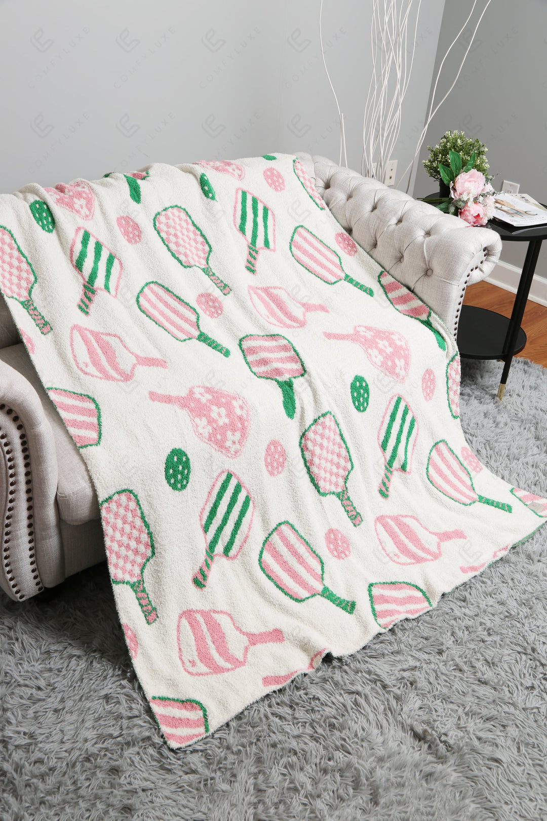 PICKLEBALL PATTERN THROW BLANKET PINK/GREEN THROW BLANKETS