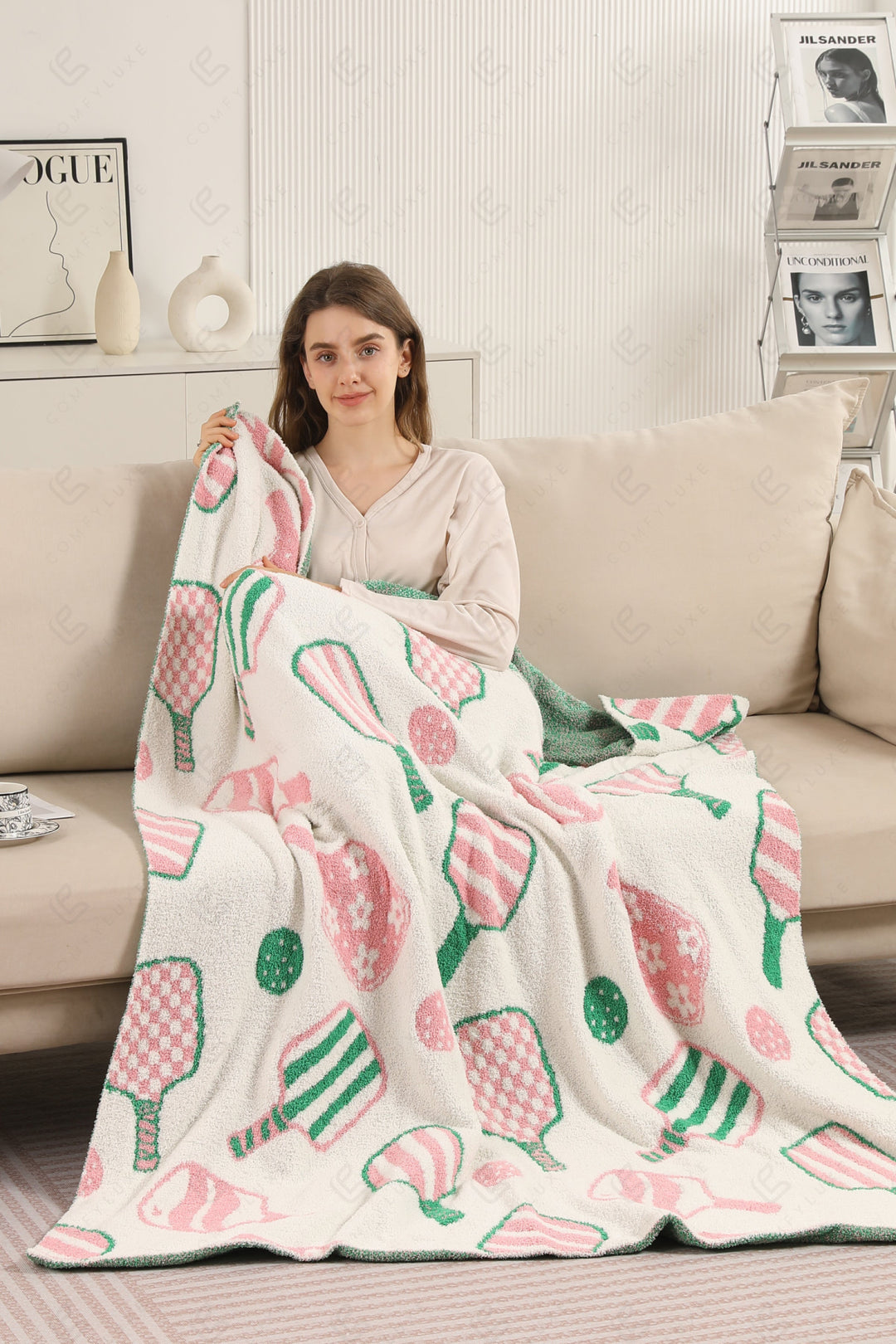 PICKLEBALL PATTERN THROW BLANKET PINK/GREEN THROW BLANKETS