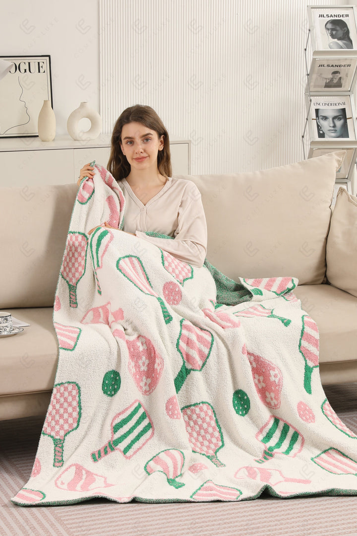 PICKLEBALL PATTERN THROW BLANKET PINK/GREEN THROW BLANKETS