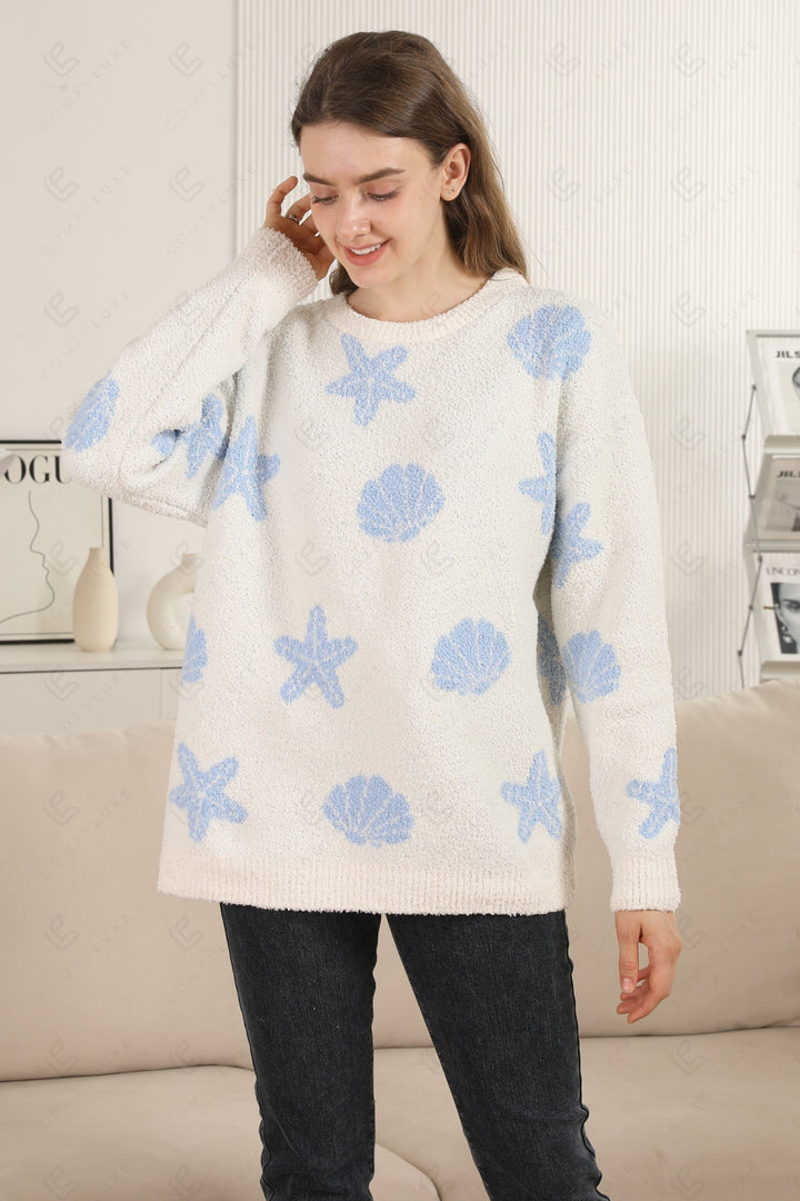 SEASHELL &amp; STARFISH PATTERN SWEATER BLUE APPAREL