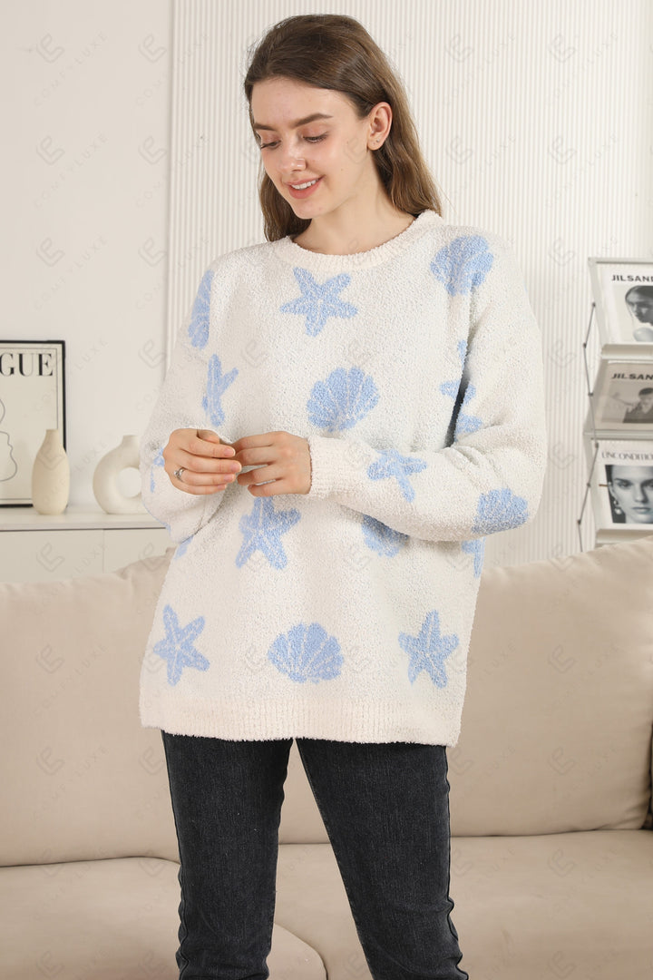 SEASHELL &amp; STARFISH PATTERN SWEATER BLUE APPAREL