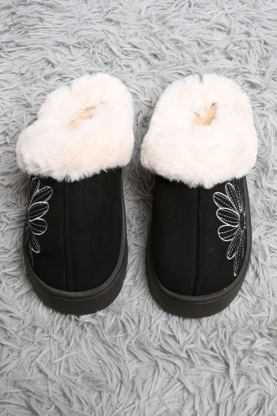 SOLID COLOR & FLORAL PATTERN MULE SLIPPERS BLACK SLIPPERS/SLIDES
