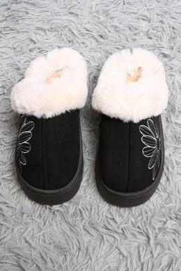 SOLID COLOR & FLORAL PATTERN MULE SLIPPERS BLACK SLIPPERS/SLIDES