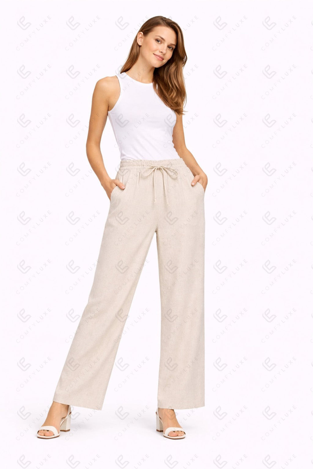 SOLID COLOR LINEN PANTS BEIGE APPAREL