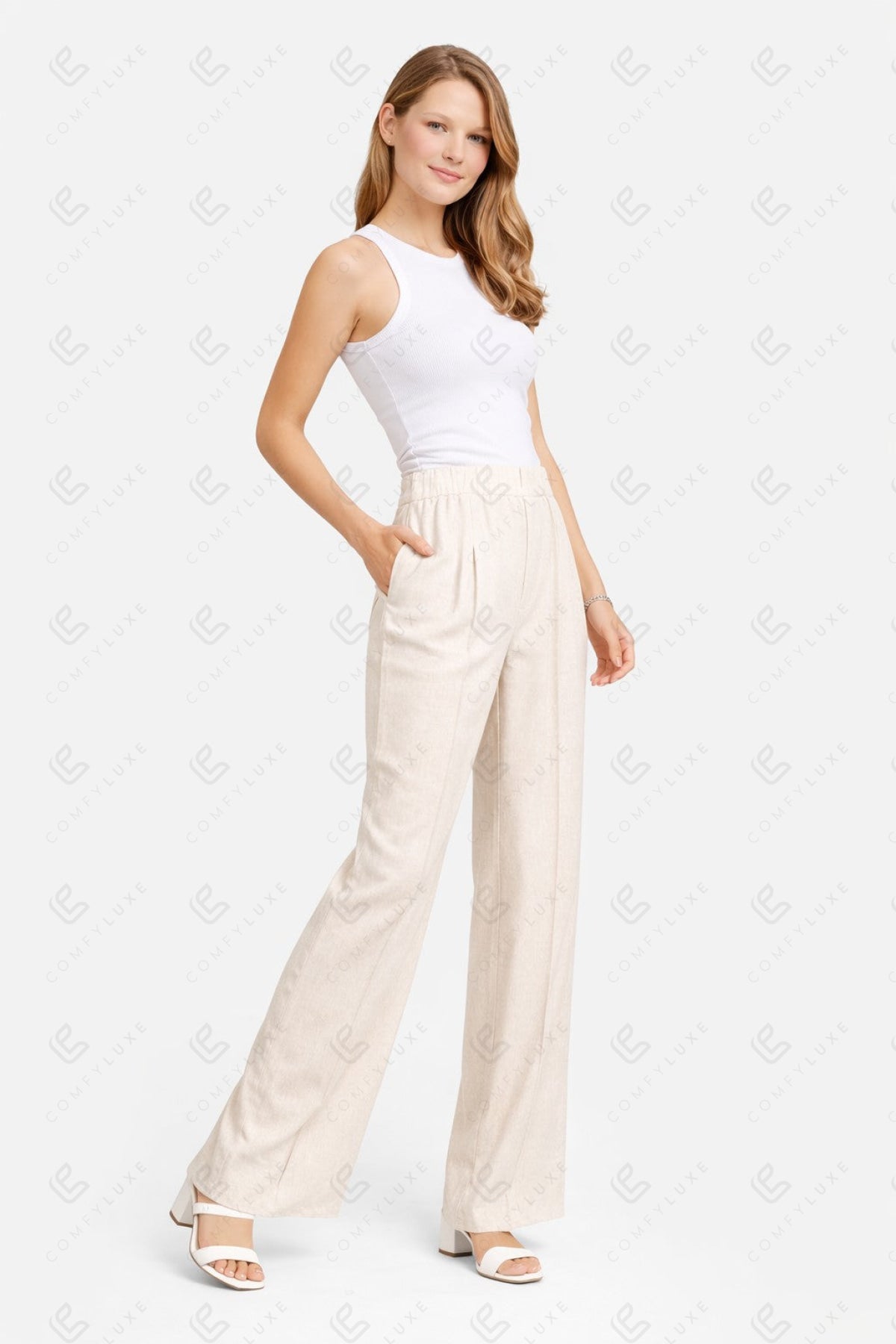 SOLID COLOR LINEN PANTS BEIGE APPAREL