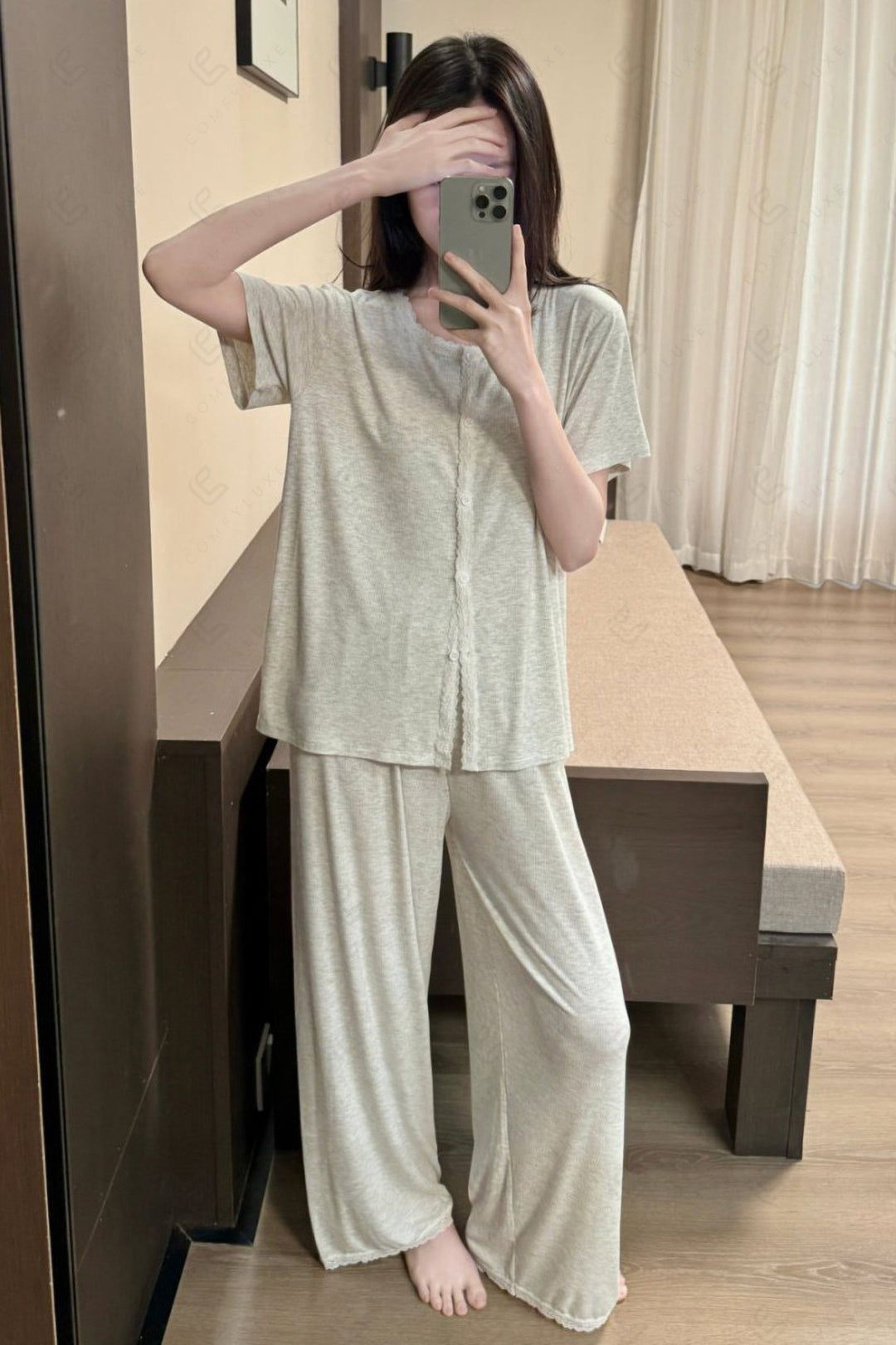 Lace Trim Solid Color Loungewear Sets APPAREL
