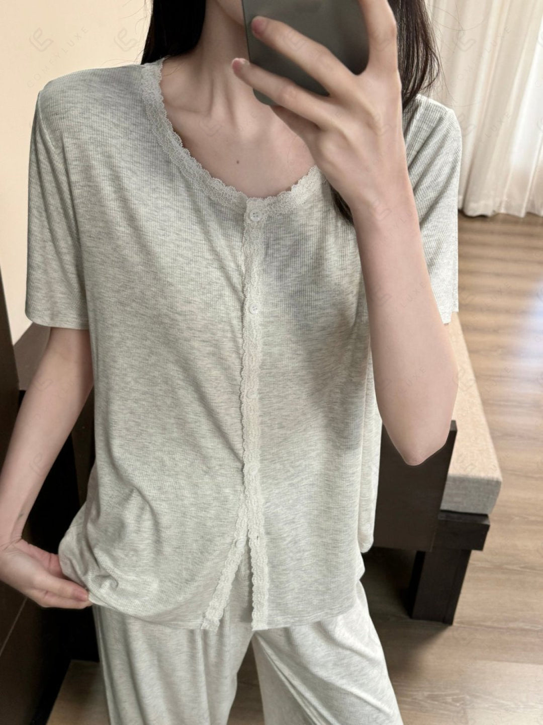 Lace Trim Solid Color Loungewear Sets APPAREL