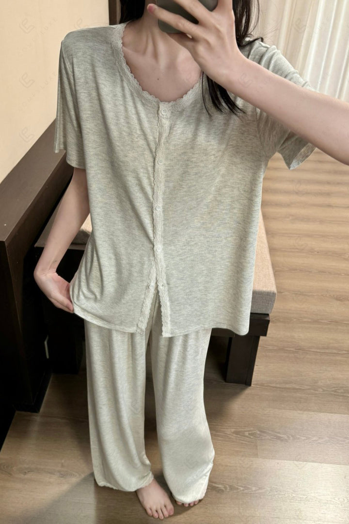 Lace Trim Solid Color Loungewear Sets APPAREL