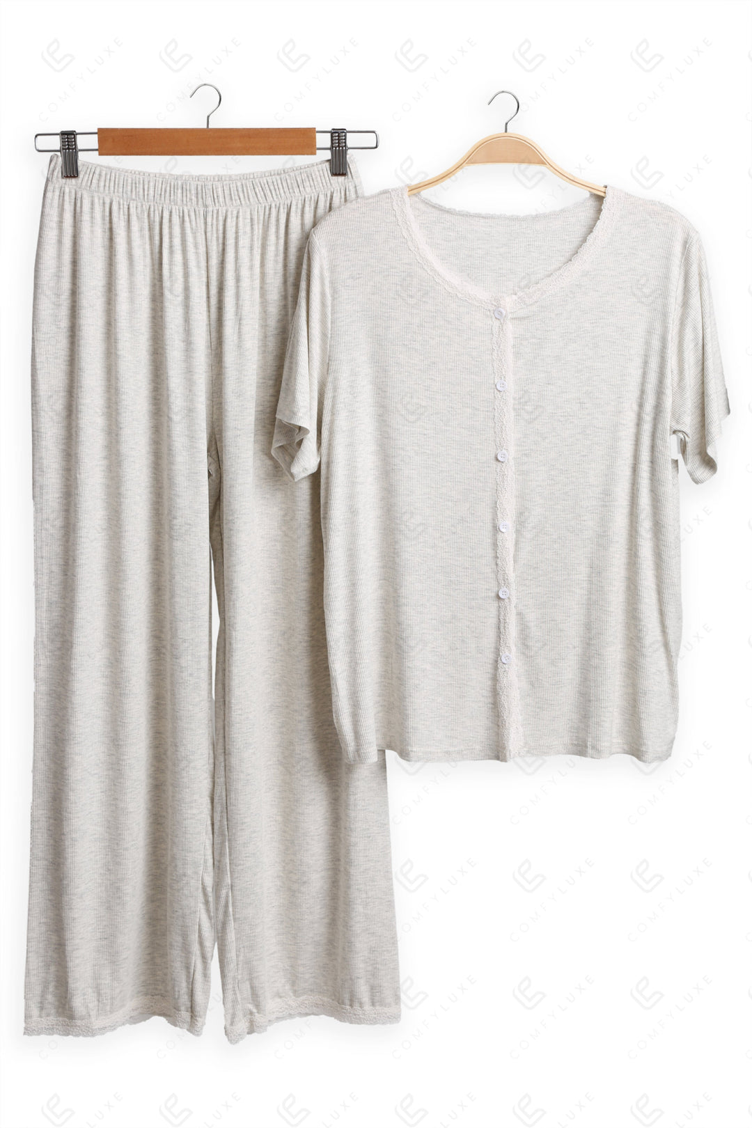 Lace Trim Solid Color Loungewear Sets BEIGE APPAREL