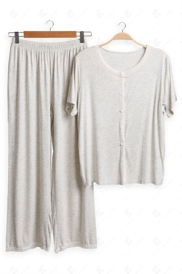 Lace Trim Solid Color Loungewear Sets BEIGE APPAREL