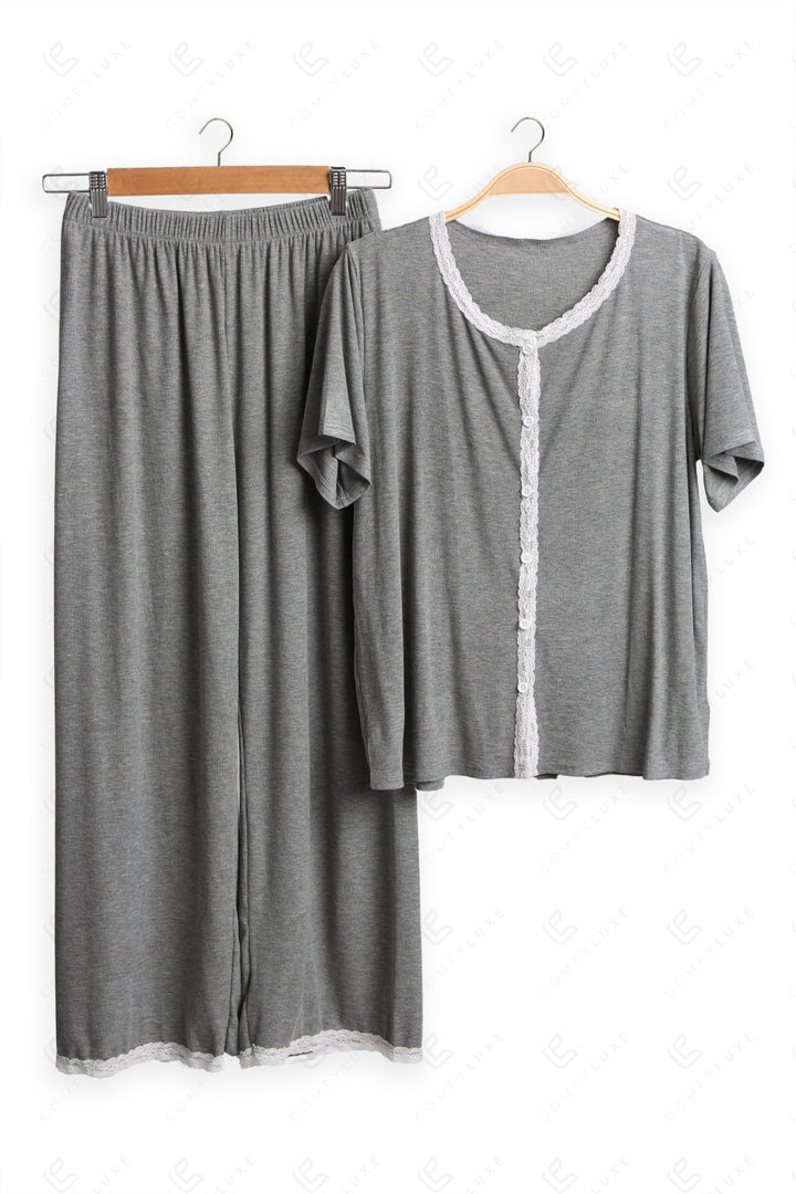 Lace Trim Solid Color Loungewear Sets GRAY APPAREL