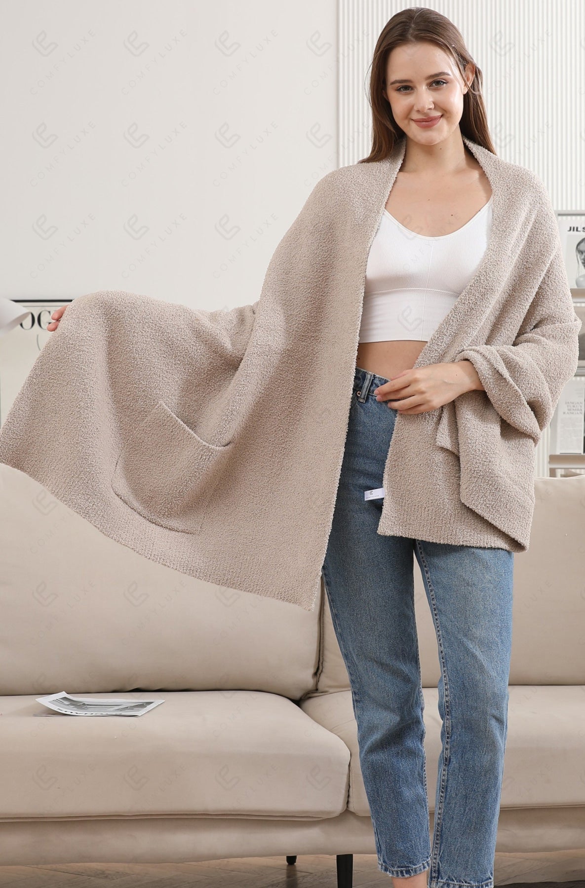 SOLID COLOR SHAWL CARDIGAN BEIGE APPAREL