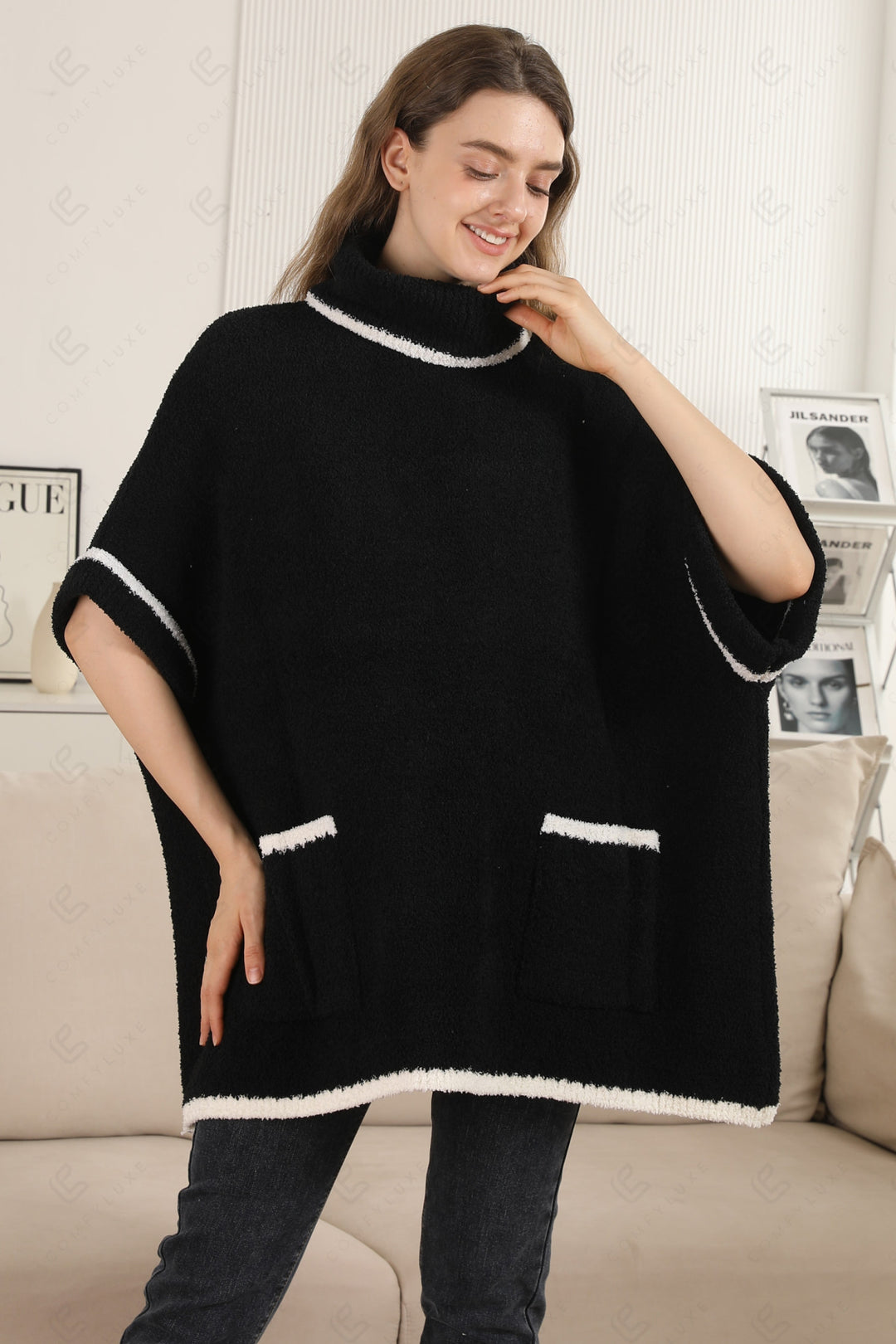 SOLID COLOR W/ COLORED EDGE PATTERN SWEATER BLACK APPAREL