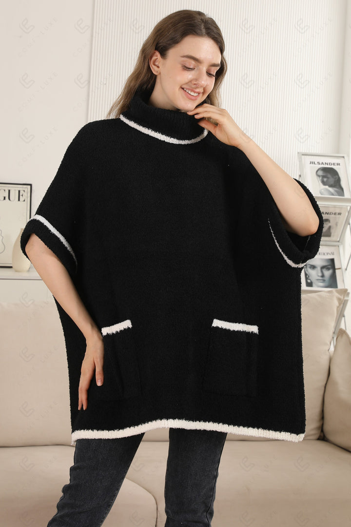 SOLID COLOR W/ COLORED EDGE PATTERN SWEATER BLACK APPAREL