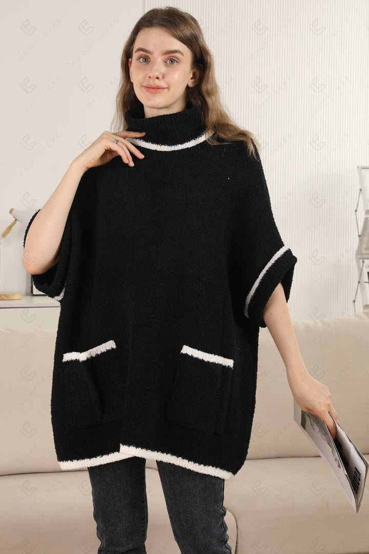 SOLID COLOR W/ COLORED EDGE PATTERN SWEATER BLACK APPAREL