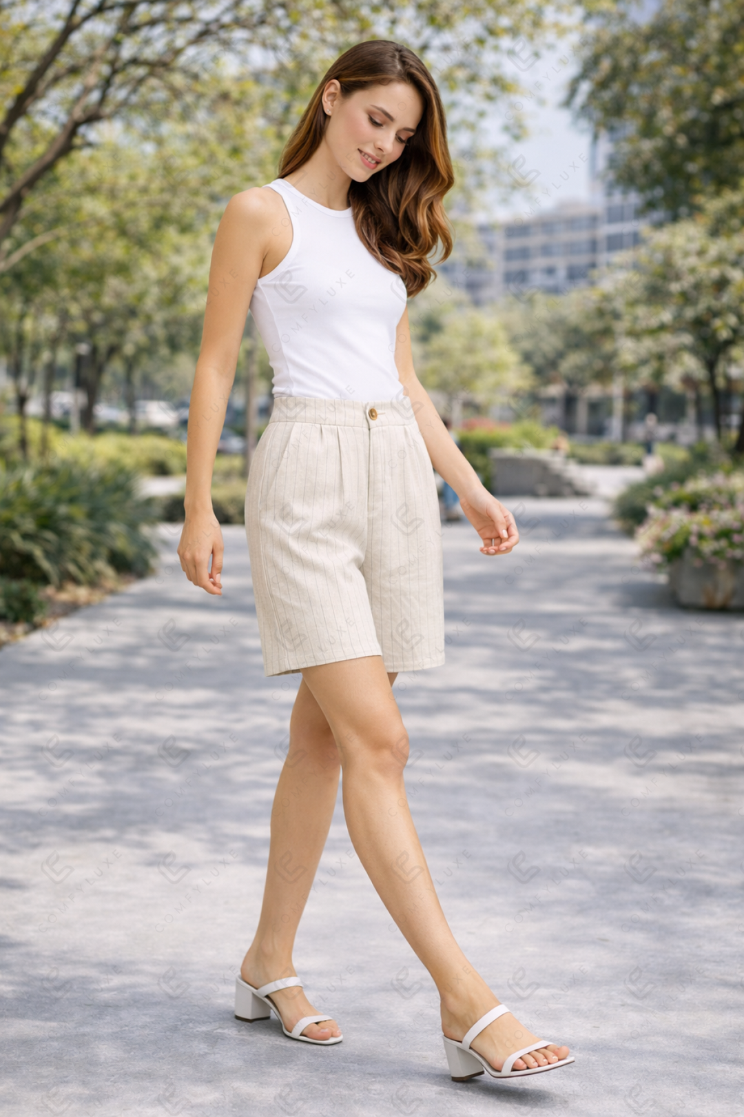STRIPED PATTERN LINEN SHORTS BEIGE APPAREL