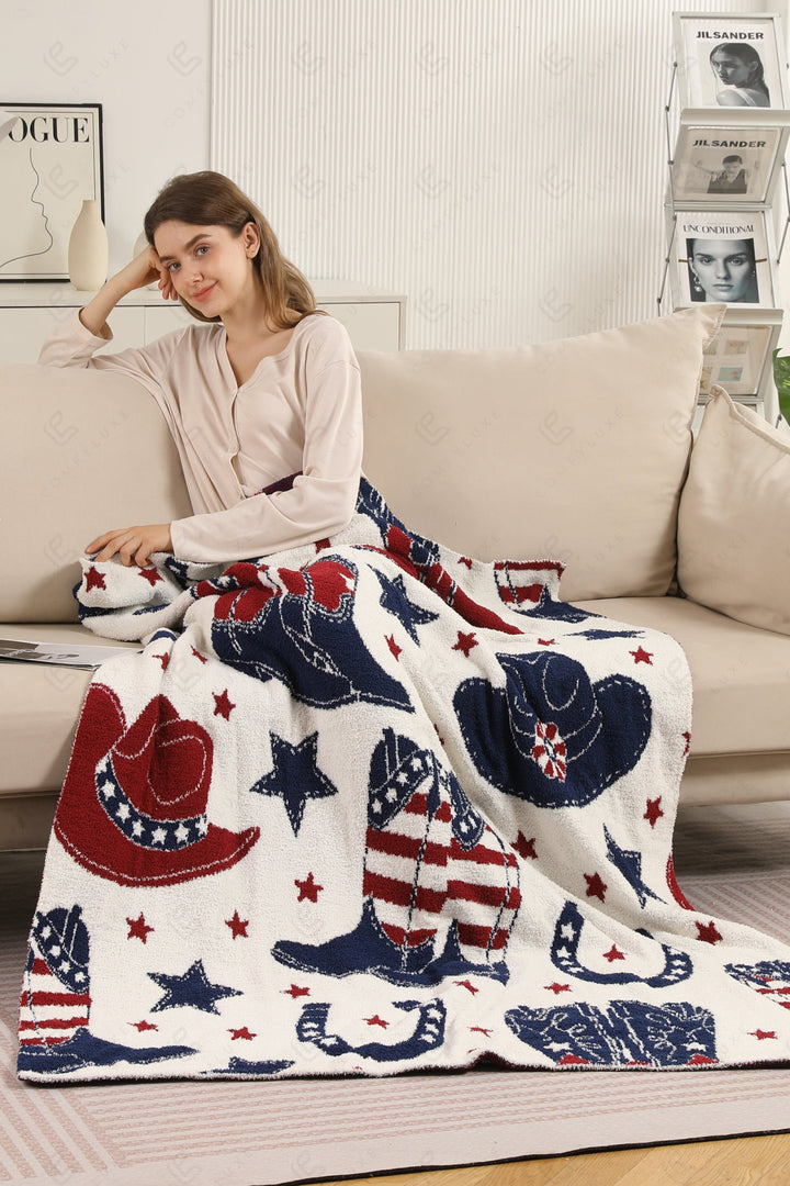 WESTERN PATTERN THROW BLANKET RED/NAVY THROW BLANKETS