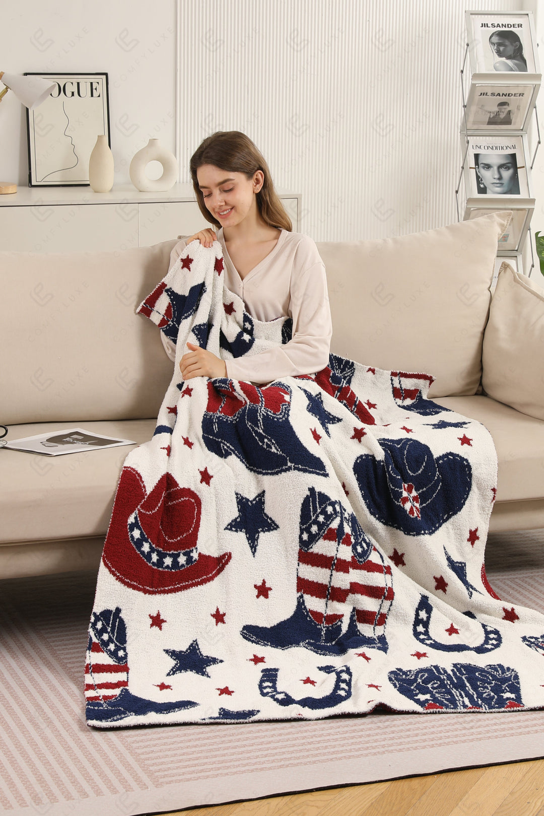 WESTERN PATTERN THROW BLANKET RED/NAVY THROW BLANKETS