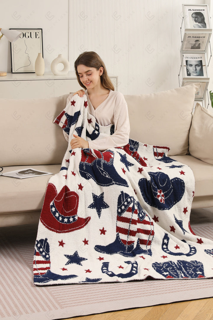 WESTERN PATTERN THROW BLANKET RED/NAVY THROW BLANKETS