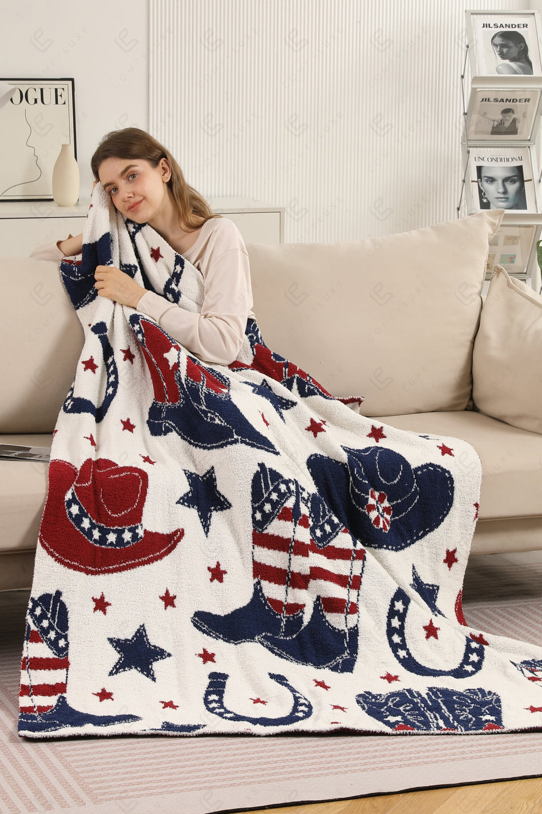 WESTERN PATTERN THROW BLANKET RED/NAVY THROW BLANKETS