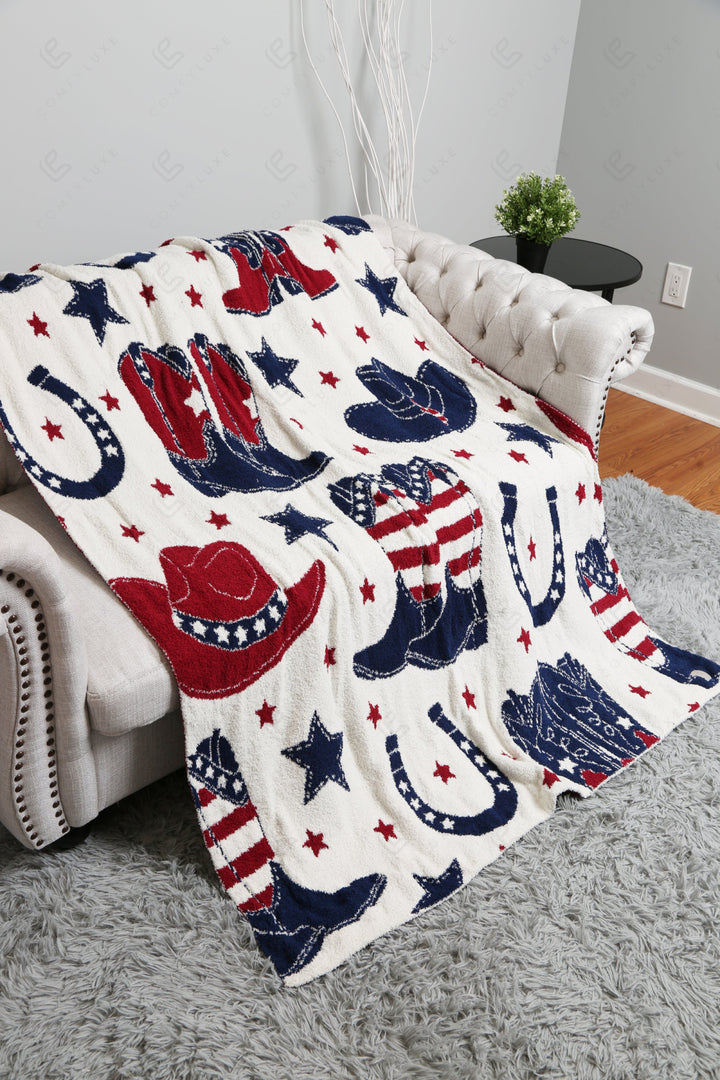 WESTERN PATTERN THROW BLANKET RED/NAVY THROW BLANKETS